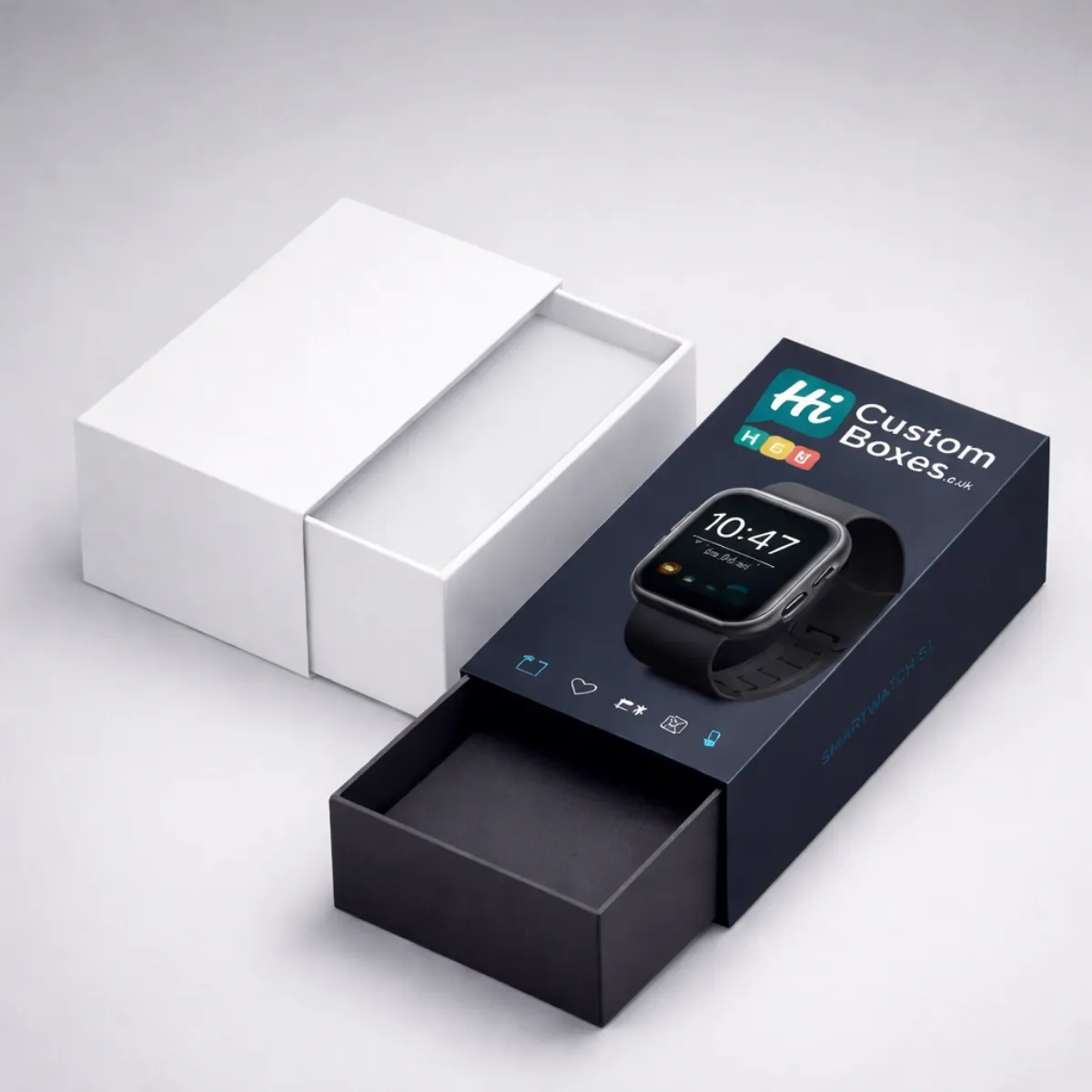A premium sliding drawer box design in navy blue and white, showcasing a modern smartwatch. class=